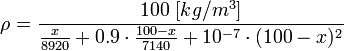 \rho = \frac{100 ∼[kg/mˆ3]}{\frac{x}{8920} + 0\cdot \frac{100-x}{7140} + 10ˆ{-7} \cdot (100-x)ˆ2}